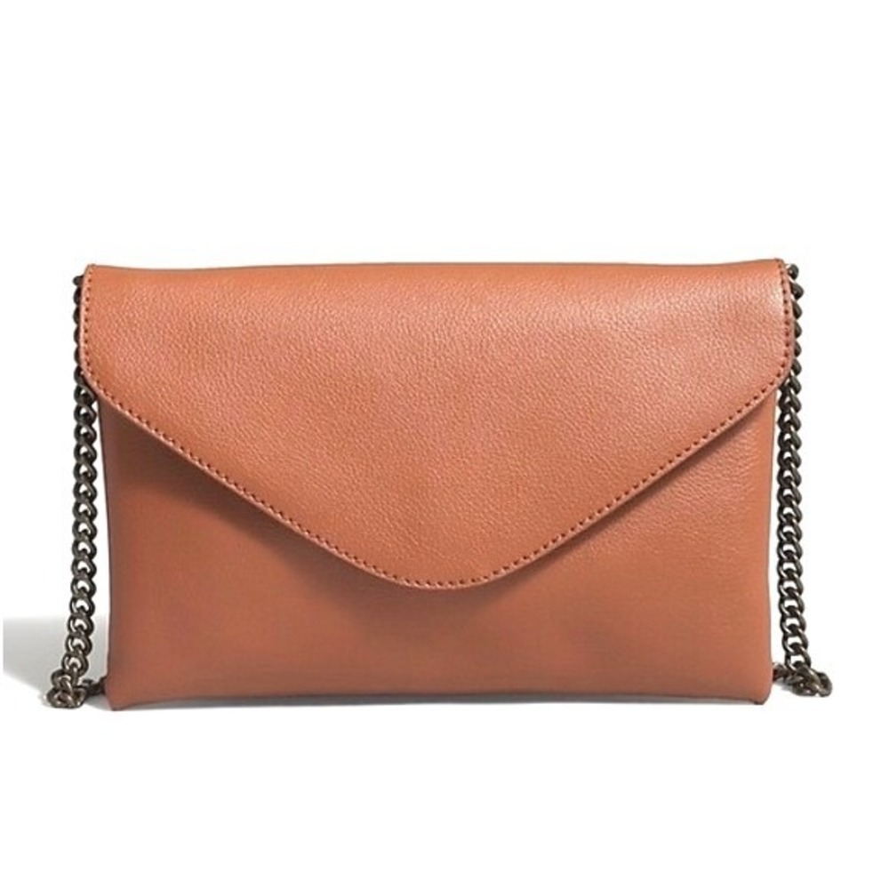 J.Crew Envelope Clutch Bag Women Brown Pebbled Leather Chain Strap Luxury Preppy